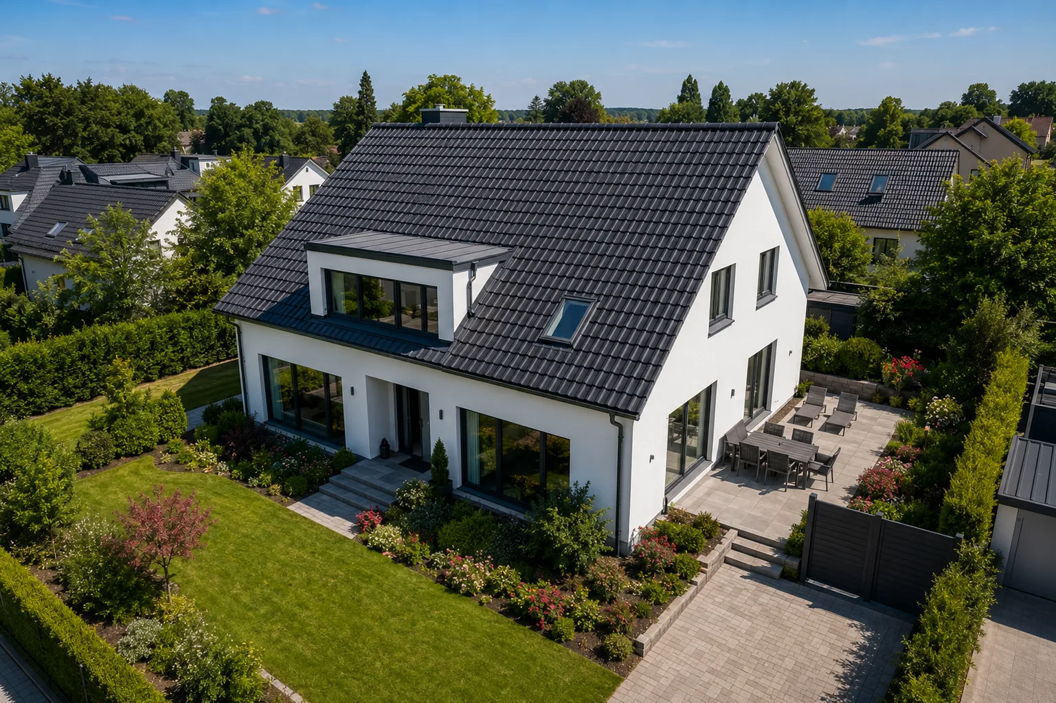 Luftaufnahme eines Einfamilienhauses in Deutschland